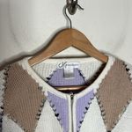 Dress Barn Vintage 90s Zip up Argyle White Tan Purple Chunky Knit Sweater size L Photo 3