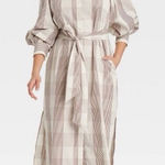 A New Day Long Sleeve High Cuff puff sleeve plaid Shirtdress brown white Small Photo 0
