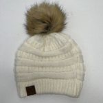 C.C. Exclusive Faux Fur Pom Pom Cream Cable Knit Beanie Ivory Stretch Cozy OS Photo 2