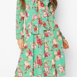 Boohoo Floral Print Tie Front Woven‎ Midi Dress Green Photo 0