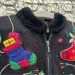 Vintage 90s Ugly Christmas Stockings Embroidered Cardigan Sweater Fur Collar XL Black Photo 2