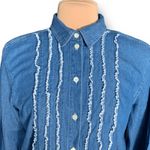 Vintage 90s Top Chambray Denim Ruffle Front Western Button Down Shirt Large Blue Photo 2