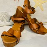 Sophia Milano Brown Italian Leather SZ39 US 8.5 Wooden Block Heel Sandals Photo 1