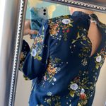 Navy floral choker blouse medium high neck puff sleeve Photo 2