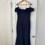 XScape  Women's Long Crepe Over-The-Shoulder Ruffle Gown Navy size 14 NWT Photo 5