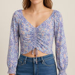 Japna Floral Ruched V-Neck Top - Purple and Pink Photo 0