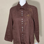 Richard Malcolm 100% Linen Button Down Brown Shirt Sz L Foral Beaded Boho Casual Size L Photo 0