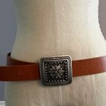 Belgo Lux Brown Leather Belt with Italian Silvertone large square flower buckle Size M Photo 0