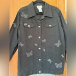 The Quacker Factory Women Vintage Black Denim Studded Embossed Butterfly Jacket Photo 3