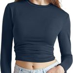 Memoryee Women’s Slim Fit Crop Top – Navy Blue Long Sleeve Tee, Size Small Photo 0