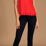 Lulus Red Lace Trim V Neck Cami Tank Top Camisole Size M Holiday Valentines Photo 0