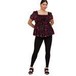 Torrid  Plus Size 2X Top Babydoll Velvet‎ Tiered Black Pink Floral Peplum 1362 Photo 2