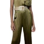ZARA NWT Satin Effect Belted Wide leg cropped Jumpsuit Olive Green sz Small Photo 0