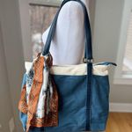 Vintage Navy Tan Striped Tote Bag w Anne Klein Scarf Tie Blue Photo 9