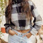 Romwe Half-Zip Plaid Crop Teddy Sweatshirt Photo 0