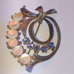 Vintage Mother of Pearl & Blue AB Rhinestones Floral Brooch Shoulder Pin Photo 0