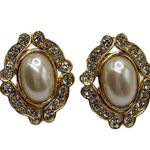 Vintage Gold Framed Pearl and Rhinestone Costume Earrings Large Statement Glam Photo 1