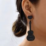 Boutique Black Glitter Guitar and Heart Charm Drop Festival Eras Statement Earrings Photo 3
