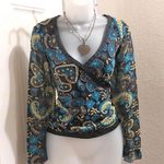 Nine West 2000s 100% Silk boho indie whimsygoth Blue black paisley wrap top blouse shirt long sleeves Size 6/S Measurement in pics Photo 2