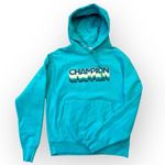 Champion Reverse Weave pullover hoodie, turquoise blue, graphic, pocket, size M Photo 0