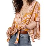 BAND OF THE FREE Libby Gold Floral Bell Sleeve Cropped Top Button Up NWT Small Photo 1