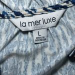 La Mer Luxe Women's Blue White Abstract‎ Print Long Sleeve Ruffle Neck Top Large Photo 3