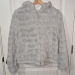 NWT Fair X Haven Faux Fur Hooded Zip Up Sweater Women's Medium Light Blue/Grey Blue Photo 0