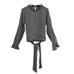 ZARA  Blouse Top XS Gingham Check Cold Shoulder Tie Back Bell Sleeve Black White Photo 3