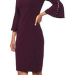 Calvin Klein  Purple 3/4 Bell Sleeve White Faux‎ Pearls Trim Sheath Dress Size 4 Photo 0