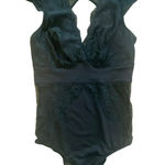 Gilligan & O'Malley Black Lace Bodysuit size XS Stretchy NWT Dotted Swiss V Photo 0