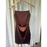 Windsor  Sultry Strappy Stretch Cord Open Back Satin Brown Bodycon Mini Dress M Photo 4