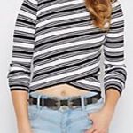 Black & White Striped Crossover Crop Mock Sweater Size L Photo 0