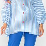 IC Collection Striped Cutout Blouse With Red Accents ~ Size Small 💛🍄 Blue Photo 1