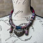 Tribal Boho Fabric, String and Metal Necklace Blue Photo 0