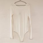 Socialite  Lace Trim Long Sleeve Rib Bodysuit in Ivory White Medium Photo 1