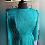 Vintage 80s Henry Lee teal floral monochrome fitted long sleeve dress, size 6 Blue Photo 4