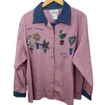Quacker Factory Rose Red Gingham Button Shirt Denim Plants 1X Spring Top Checks Photo 0