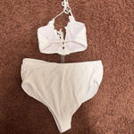 Womens 3 Piece Triangle Halter Bikini Set Ruffle Textured‎ Fabric Size XL White Photo 3