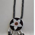 Vintage Native American Beaded Circle Medallion Leather Necklace Black Red 16” White Photo 10