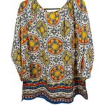 Charter Club Eclectic Hippie Blue Vermillion White Yellow Retro Medallion Blouse Photo 2