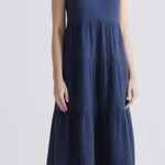 Quince NWT  100% Organic Cotton Gauze Tiered Maxi Dress Navy Sz M Photo 0