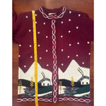 VINTAGE Joyce Medium Burgundy Cardigan with landscape & heart/dots Red Photo 13