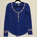 Free People Royal Blue Waffle Knit Thermal Long Sleeve Boho Distressed Size XS Photo 0