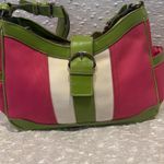 Liz Claiborne vintage Leather& Polyester Striped Purse Pink Green Beige Photo 3