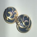 Vintage Satin Soft Gold Tone Navy Blue Enamel Retro Boho Clip On Earrings Photo 3