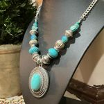 Western Cowboy Style Oval Geometric Design Mixed Bead Statement Pendant Necklace Blue Photo 3