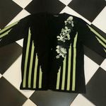 Vintage 90s Y2K Angora Tie Front Cardigan Sweater Black Lime Green Floral Large Photo 0