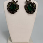 80s Vintage Womens Silver Tone Emerald Green Leafy Garden Clip On Earrings Retro Gray Photo 0