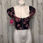 Melrose and Market XS Black Pink Floral Corset Crop Top Puff Sleeve Hook-Front Photo 0