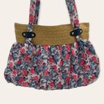 Pink Blue Gray Floral Roses Pleated Fabric Woven Straw Shoulder Bag Photo 1
